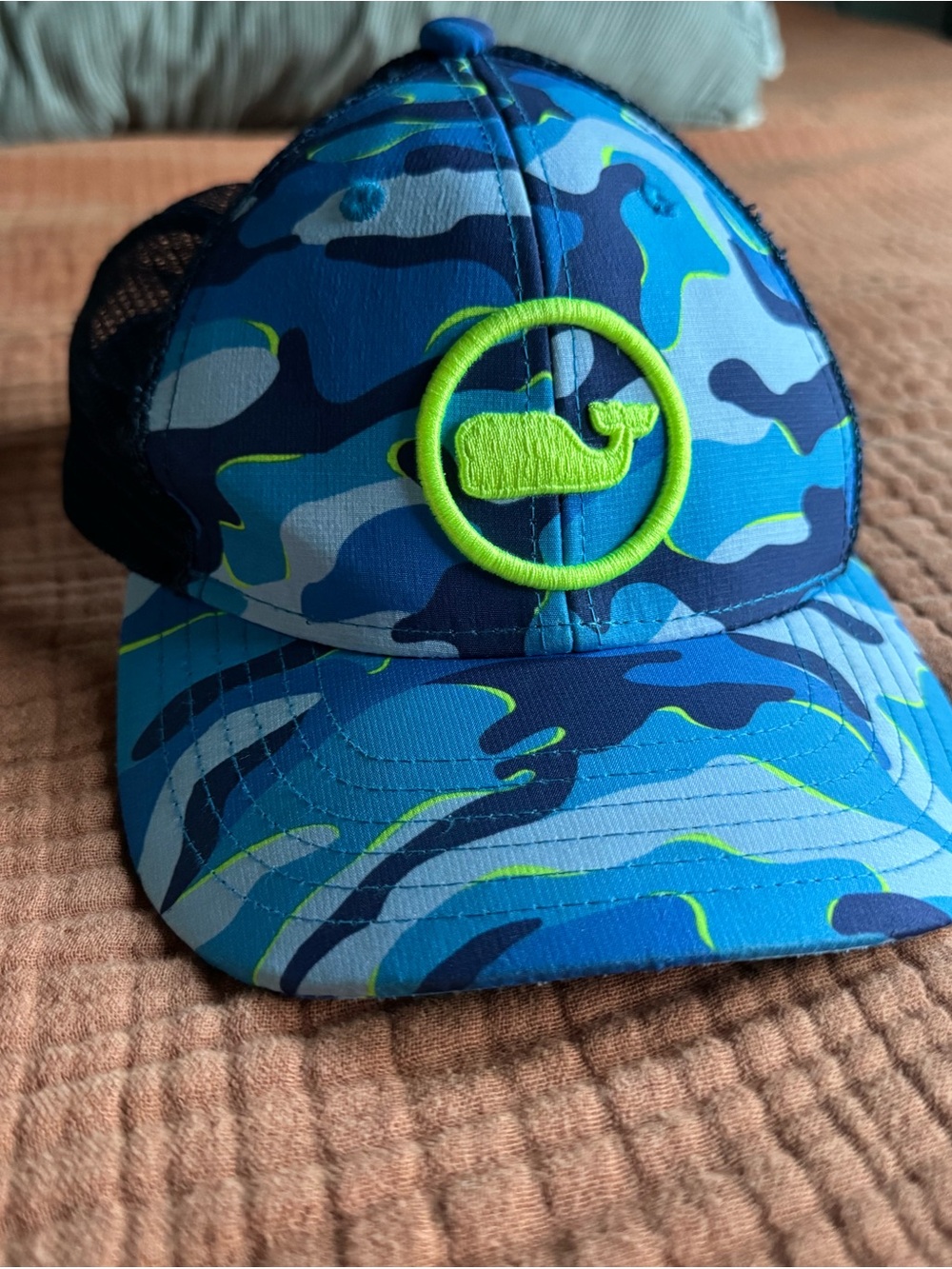 Vineyard Vines Blue Camo Trucker Hat with Neon Green Whale Patch